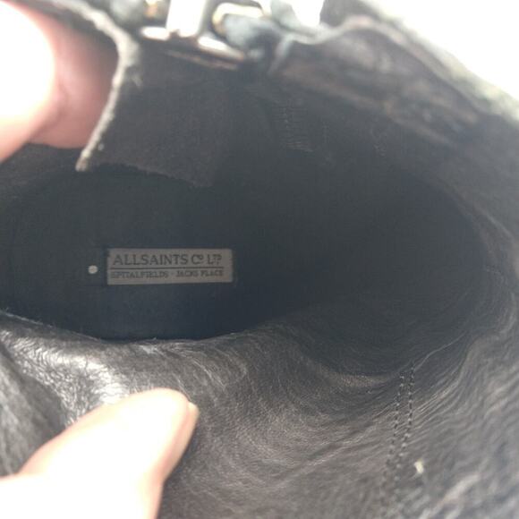 AllSaints Black Leather Ankle Boots Size 39 8 8.5 Stacked Heel Side Zip Moto - Picture 6 of 8